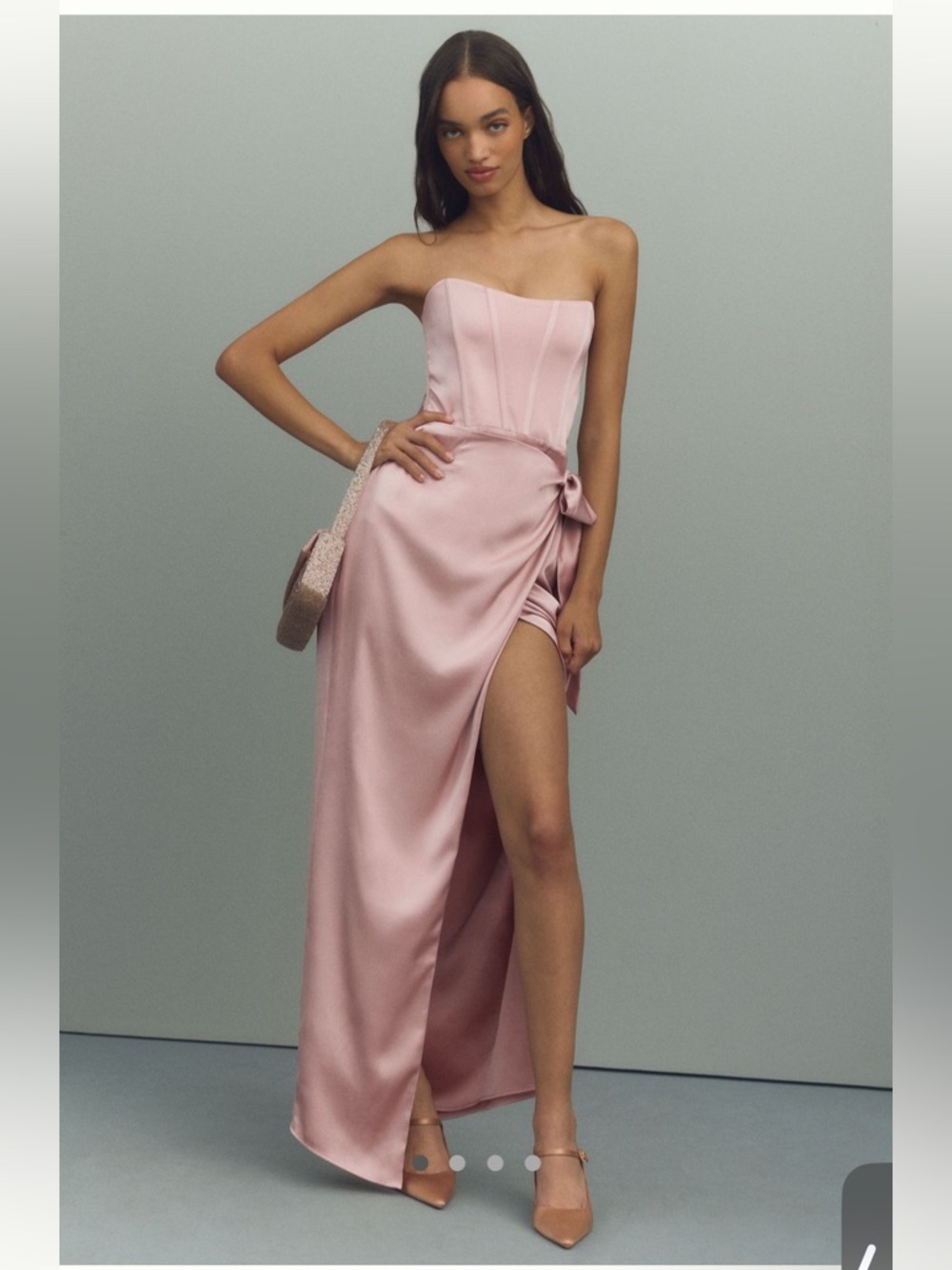 Elegant Blush Pink Satin Wrap Dress with Corset Bodice
